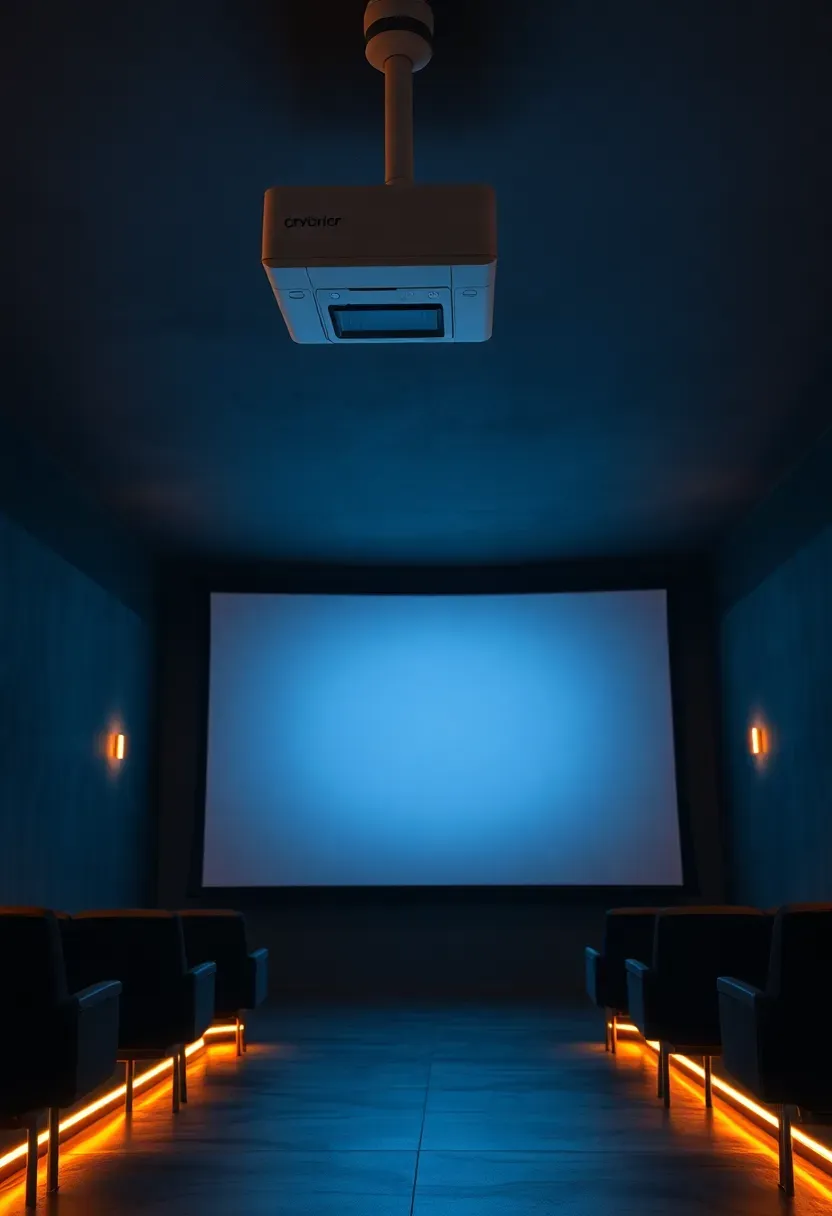 Basement ceiling-mounted projector casting a movie onto a white motorized drop-down screen in a dim room with recessed floor lighting along the side walls