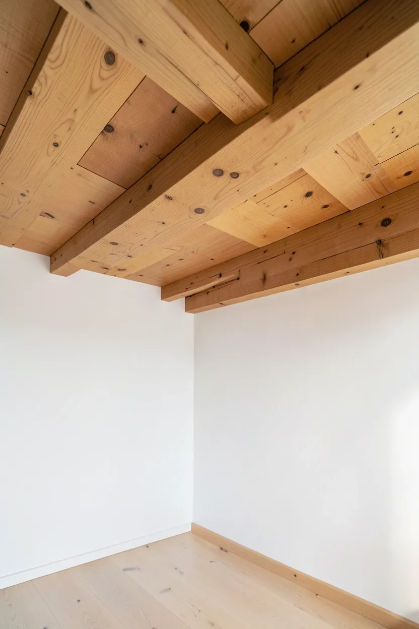 Light pine tongue-and-groove wooden ceiling adding organic warmth above white walls in a bright Nordic living room