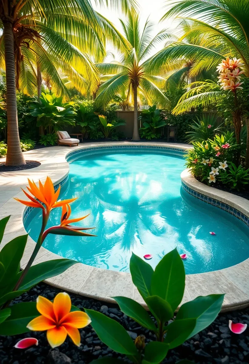 Tropical backyard pool surrounded by tall palms, bird of paradise, hibiscus, and frangipani with natural stone coping and turquoise water