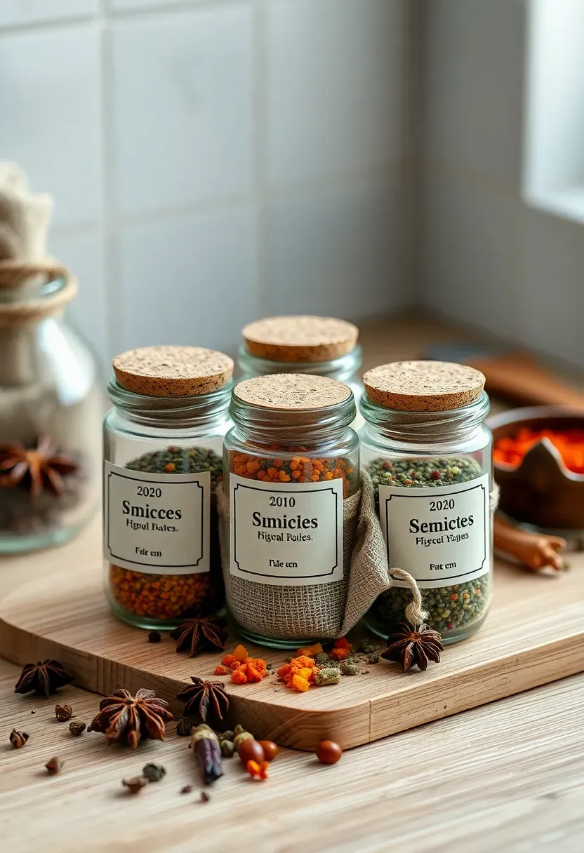 small glass spice jars with custom labels and ribbon in a baby shower gift arrangement