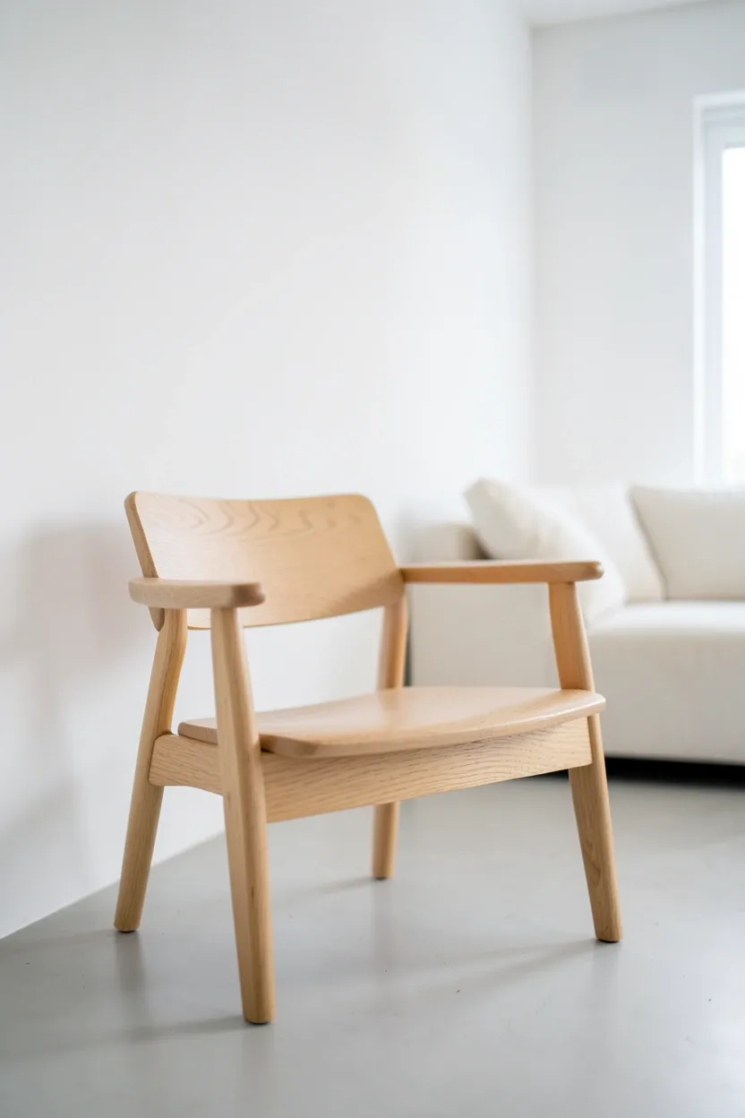Sculptural modern accent chair in natural linen fabric with wood legs beside a floor lamp in a minimalist living room