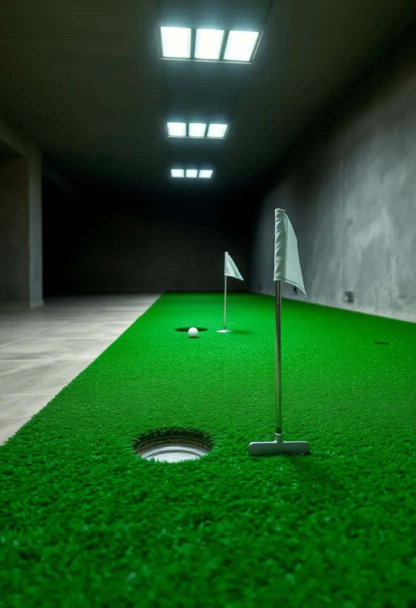 indoor putting green installed in a basement with artificial turf and practice flags