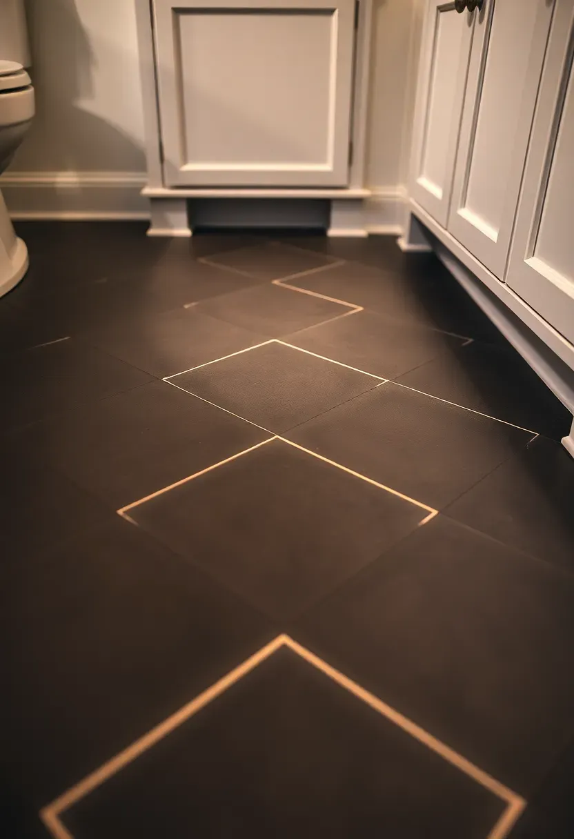 Stenciled tile bathroom floor in black and white geometric pattern — affordable DIY floor refresh