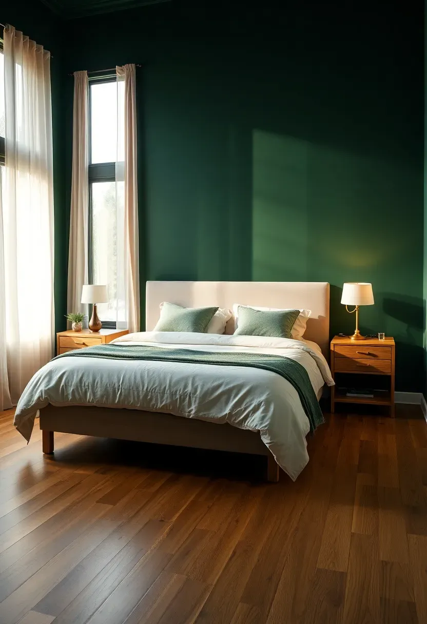 Hyper-realistic wide shot of a moody bedroom with forest green walls, queen bed with cream linen duvet and sage green throw pillows, natural wood bedside tables with antique brass table lamps. Visible room context with warm oak hardwood floors, large window with sheer cream curtains. Materials: matte paint in forest green, natural oak wood, antique brass, crisp linen. Warm natural light from window supplemented by warm lamp glow, soft shadows on bed. No text, no logos, no watermarks.</p>