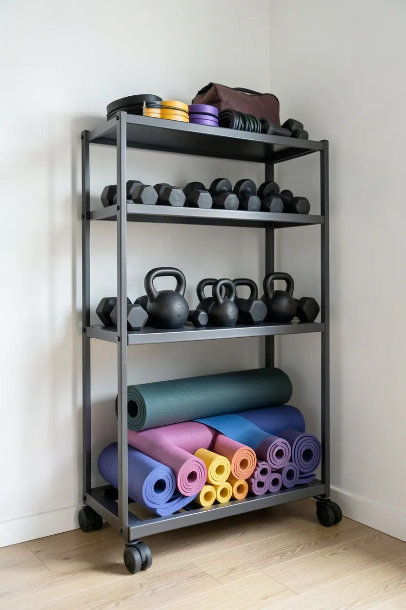 Freestanding gym equipment frame with integrated multi-level shelving for dumbbells and resistance bands requiring no wall installation in rental apartment