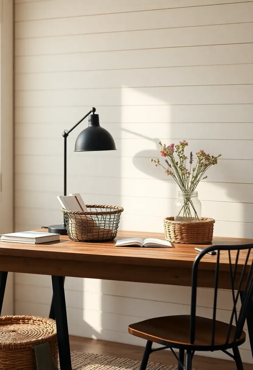 Farmhouse home office with reclaimed pine plank desk, black iron lamp, shiplap wall and mason jar with wildflowers
