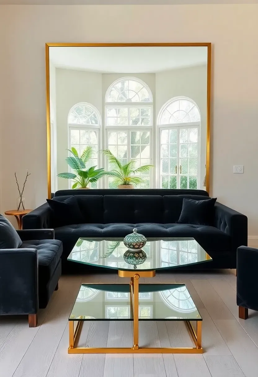 Hyper-realistic 3/4 view of elegant living room with large mirror reflecting windows. Materials: floor-to-ceiling rectangular mirror with polished brass frame opposite window, reflecting daylight and greenery, charcoal velvet sofa, glass and brass coffee table. Cream walls, white oak floor. Mirror doubling light and creating spaciousness through reflection.</p>
