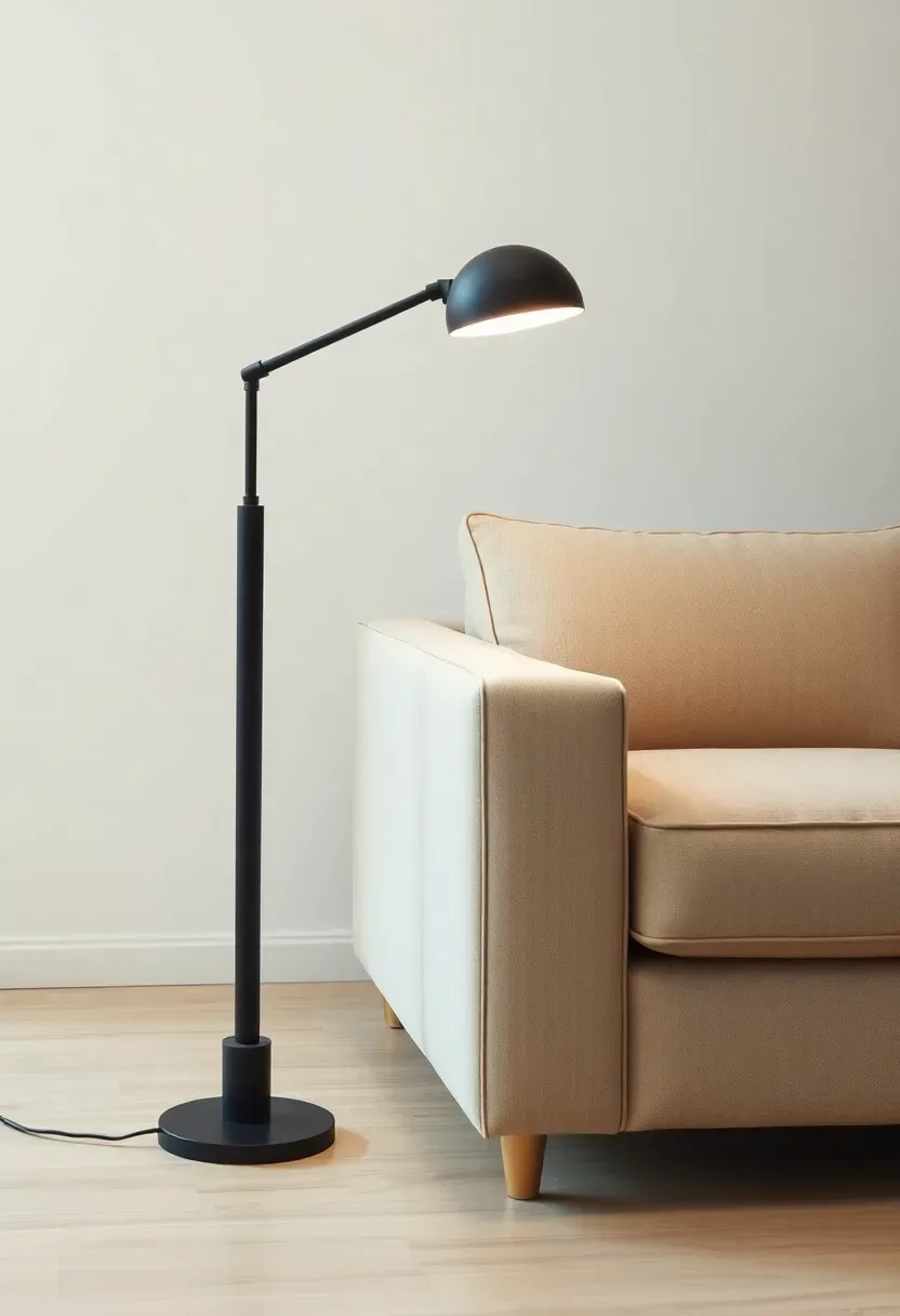 Hyper-realistic 3/4 view of minimalist living room featuring torch floor lamp beside cream linen sofa. Slender matte black vertical stem with cylindrical weighted base, adjustable arm extending horizontally with dome-shaped LED diffuser positioned at reading height adjacent to sofa. Light wood floor, white walls. Lamp creating focused reading light pool on sofa. Materials: powder-coated metal stem and base, LED diffuser. Clean vertical form. Functional task lighting. Shallow depth of field, sharp details on lamp design and finish. No text, no logos, no watermarks.</p>