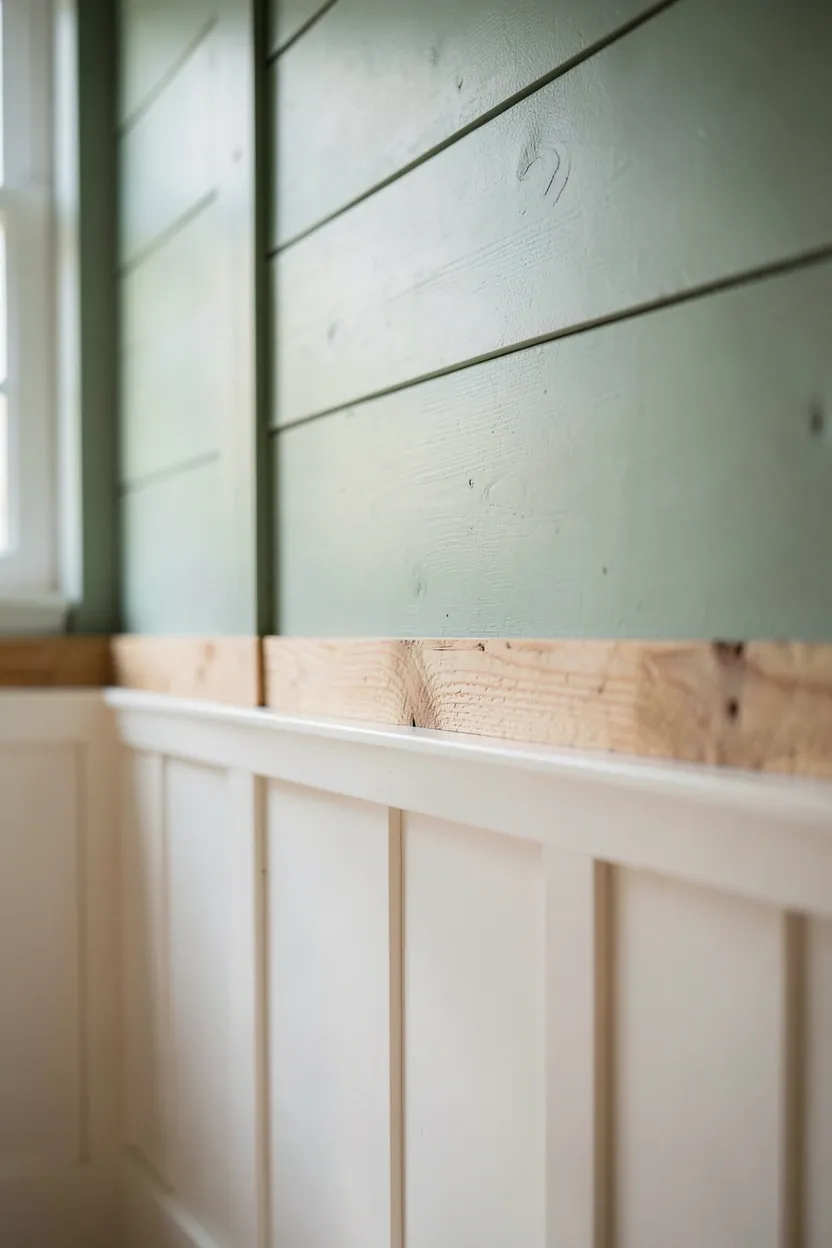 Painted white board and batten wainscoting with sage green upper wall in a cozy rustic farmhouse kitchen