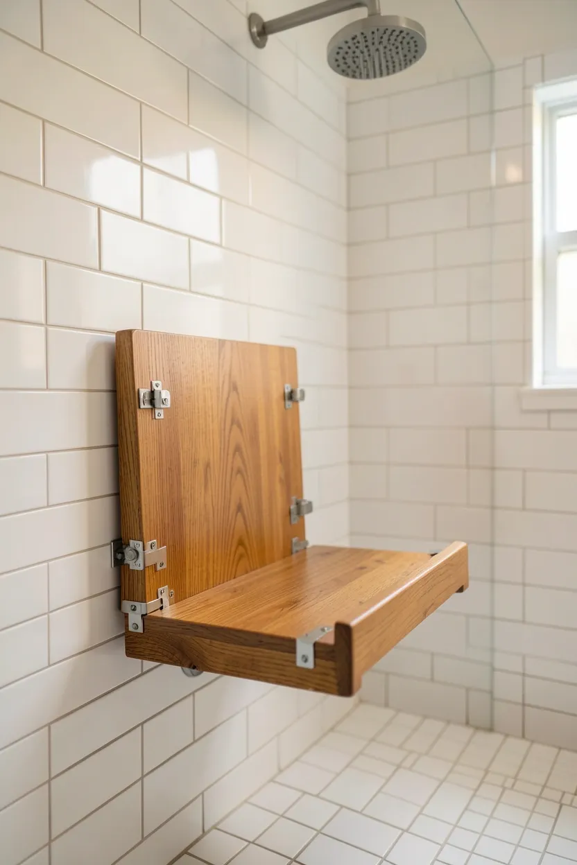Teak fold-down shower seat mounted on a tile wall in a small walk-in shower space