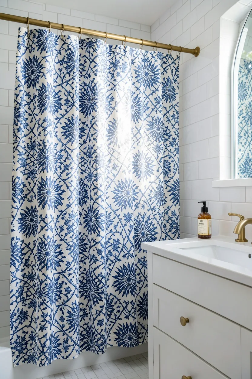 Hyper-realistic eye-level photograph of a modern bathroom featuring Moroccan patterned shower curtain with blue and white geometric starburst and arabesque designs, white subway tile walls, white vanity with brass faucet, glass bottle of shampoo visible. Natural light filtering through curtain. Materials: printed fabric curtain with Moroccan patterns, white ceramic tiles, brass fixtures. Exotic Moroccan curtain pattern. Soft fabric texture. No text, no logos, no watermarks.</p>
