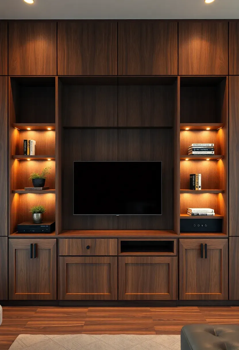 Warm modern living room with a full-height walnut wood built-in cabinet wall housing a recessed TV with closed lower storage and open upper shelves