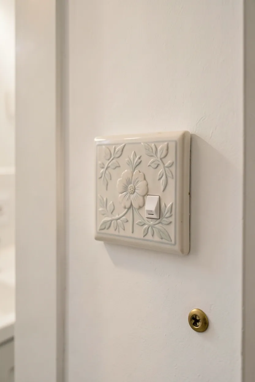 Brushed brass decorative switch plate cover replacing a plain white plastic one on a light gray bathroom wall