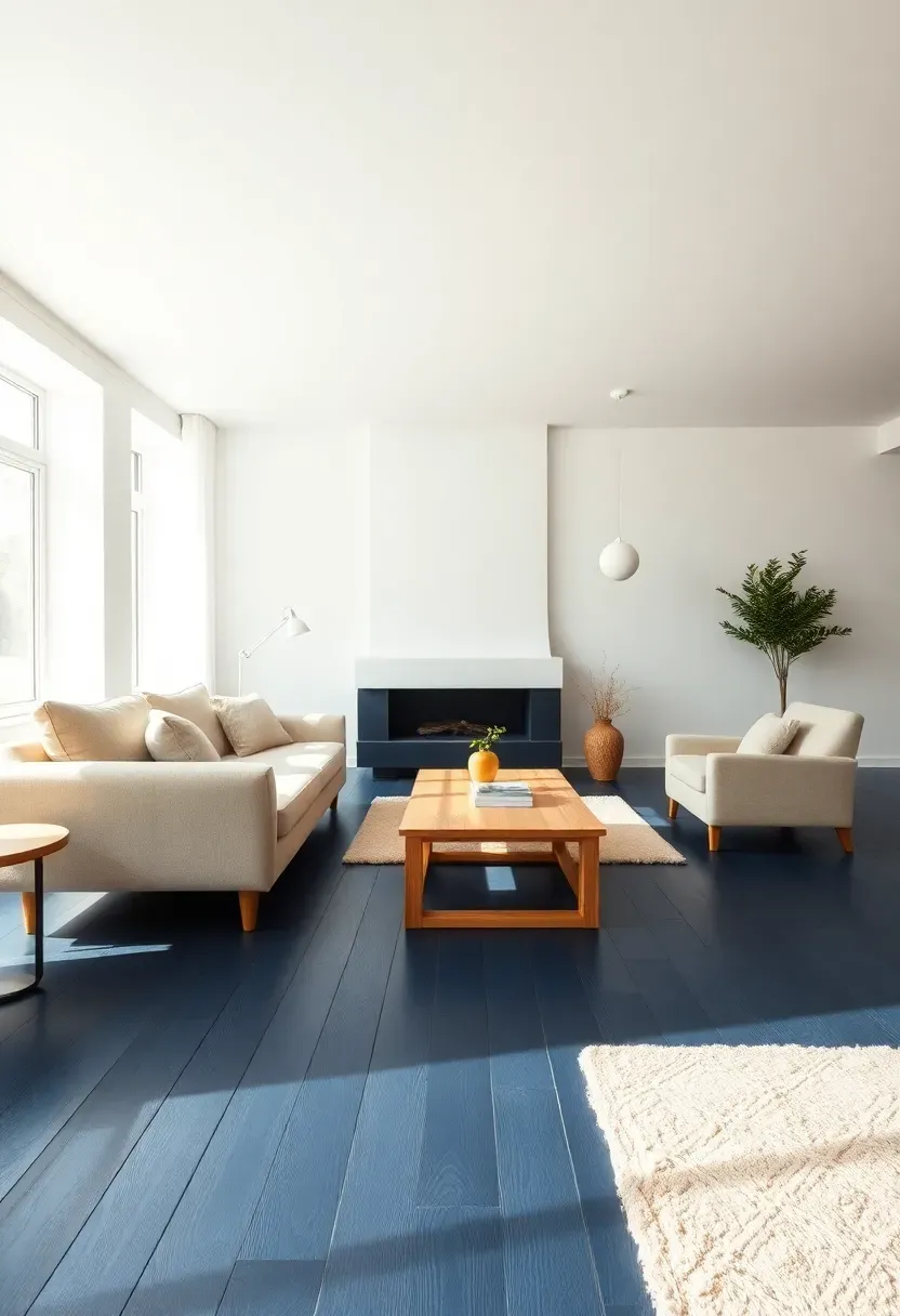 Hyper-realistic wide shot of minimalist living room with navy blue wide-plank flooring, white walls, white ceiling, beige sofa, light oak coffee table. Materials: navy blue stained wide oak plank flooring, crisp white walls and ceiling, beige linen sofa, light oak wood table, cream wool rug. Bright natural daylight reflecting off white walls and illuminating navy floor, unique and sophisticated atmosphere with 10-foot ceiling. Sharp details on wood grain and plank joints, clean composition, no clutter, no text, no watermarks.</p>