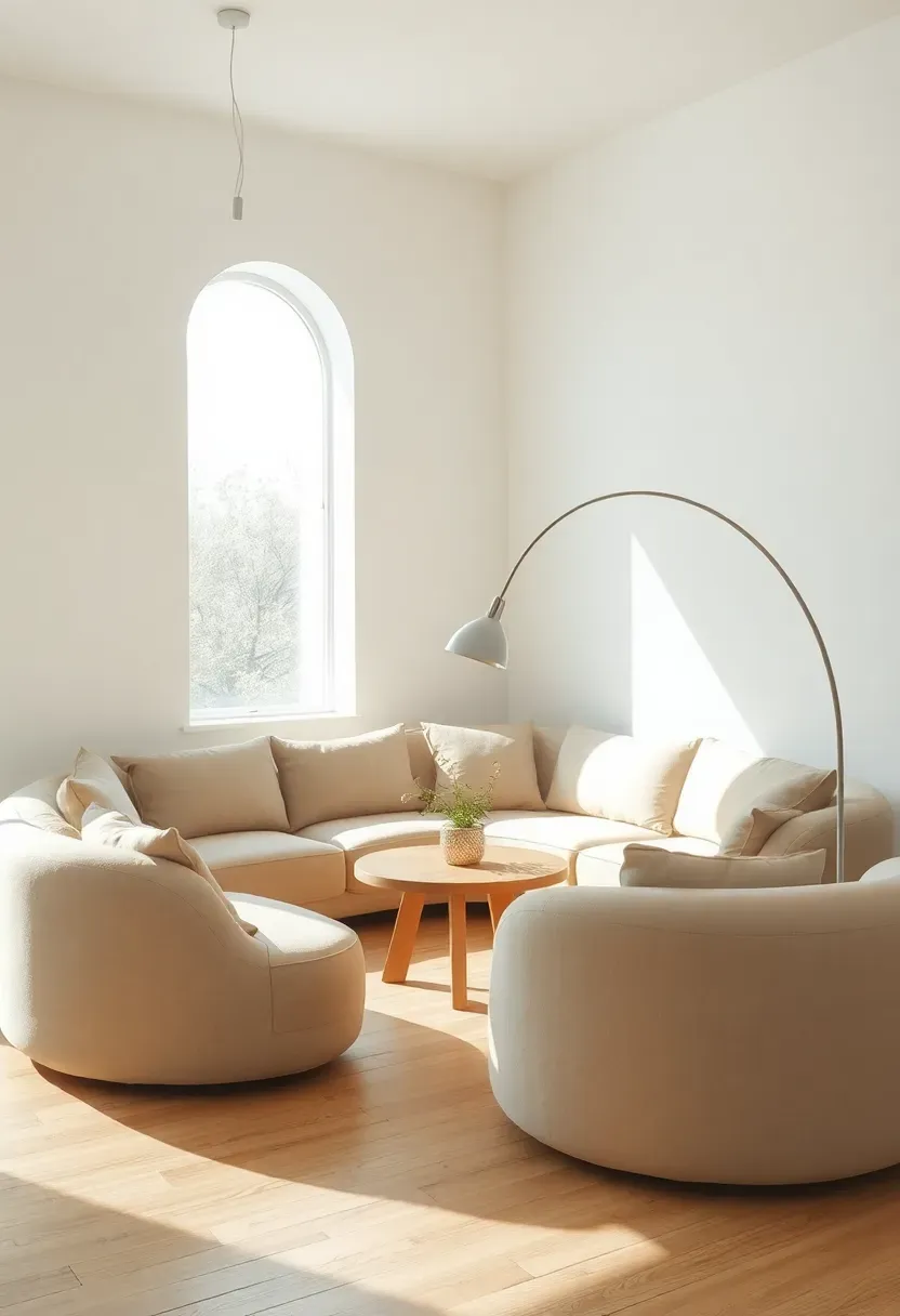Hyper-realistic 3/4 view of minimalist living room featuring curved sectional sofa in soft beige linen, circular low coffee table in light wood, arc floor lamp with curved stem. Organic curved shapes contrasting straight wall lines. Light wood floor, white walls. Materials: linen upholstery, solid wood table, metal arc lamp. Natural light from window, curved forms creating flowing shadows. Ergonomic organic shapes. Shallow depth of field, sharp details on textures and curves. No text, no logos, no watermarks.</p>