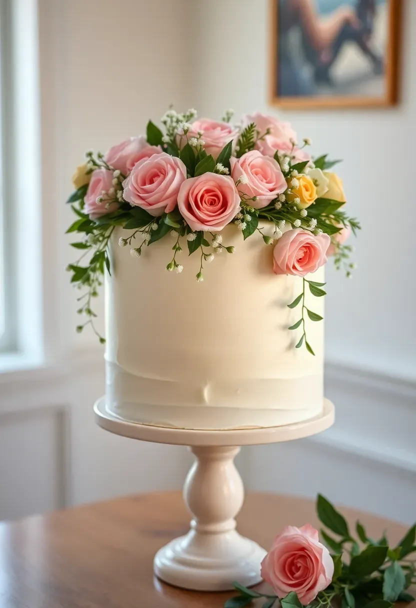 elegant baby shower cake topped with a fresh floral wreath crown made of garden roses ranunculus and greenery on a soft ivory buttercream base