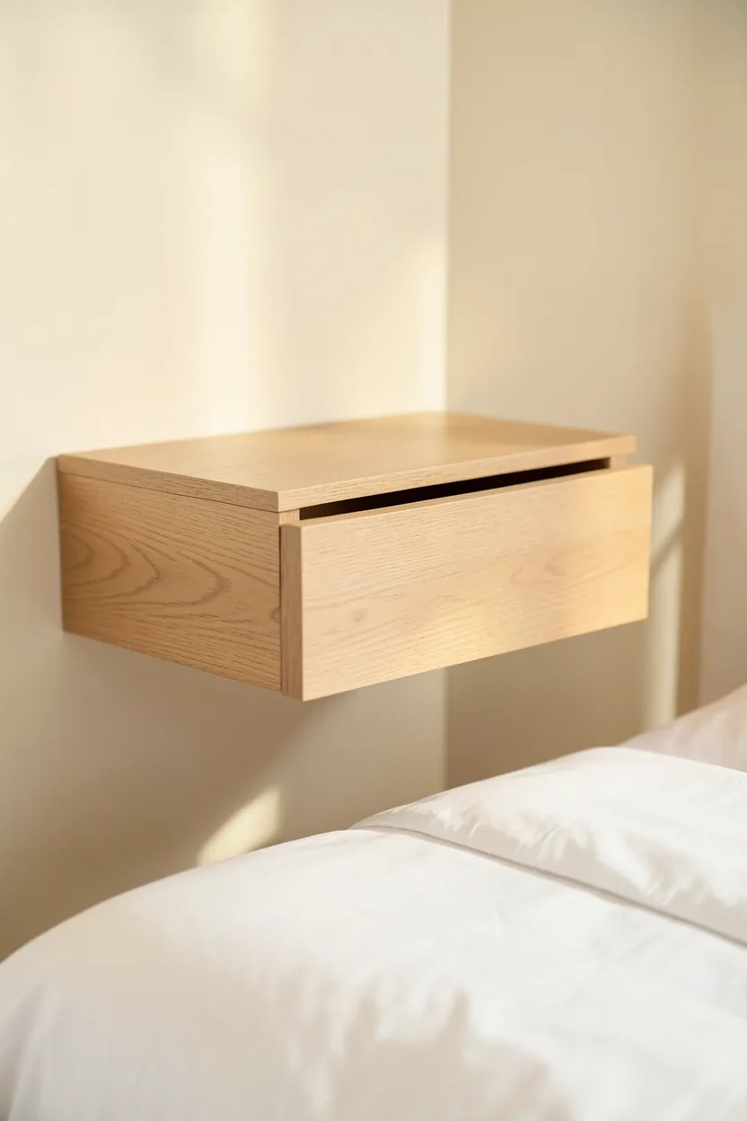 Floating light wood wall nightstands beside a platform bed in a minimalist small apartment bedroom