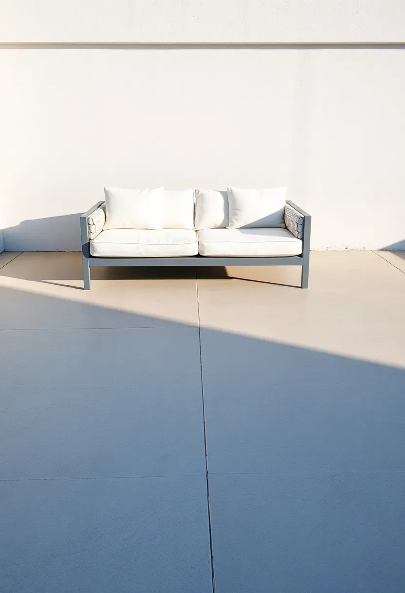 A modern poured concrete patio with decorative saw-cut geometric lines forming large diamond shapes and a minimalist outdoor sofa against a stucco wall