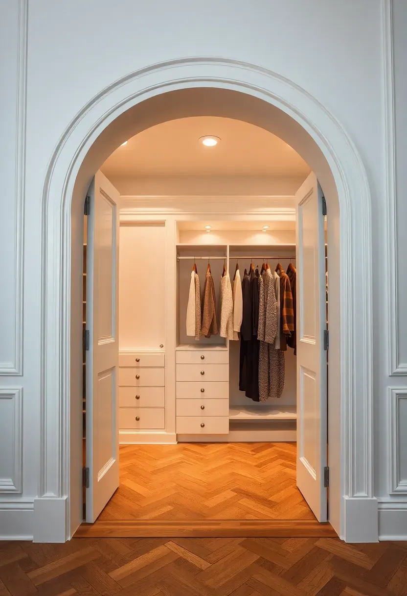 Elegant arched doorway with trimmed molding framing an open closet with neatly styled clothing