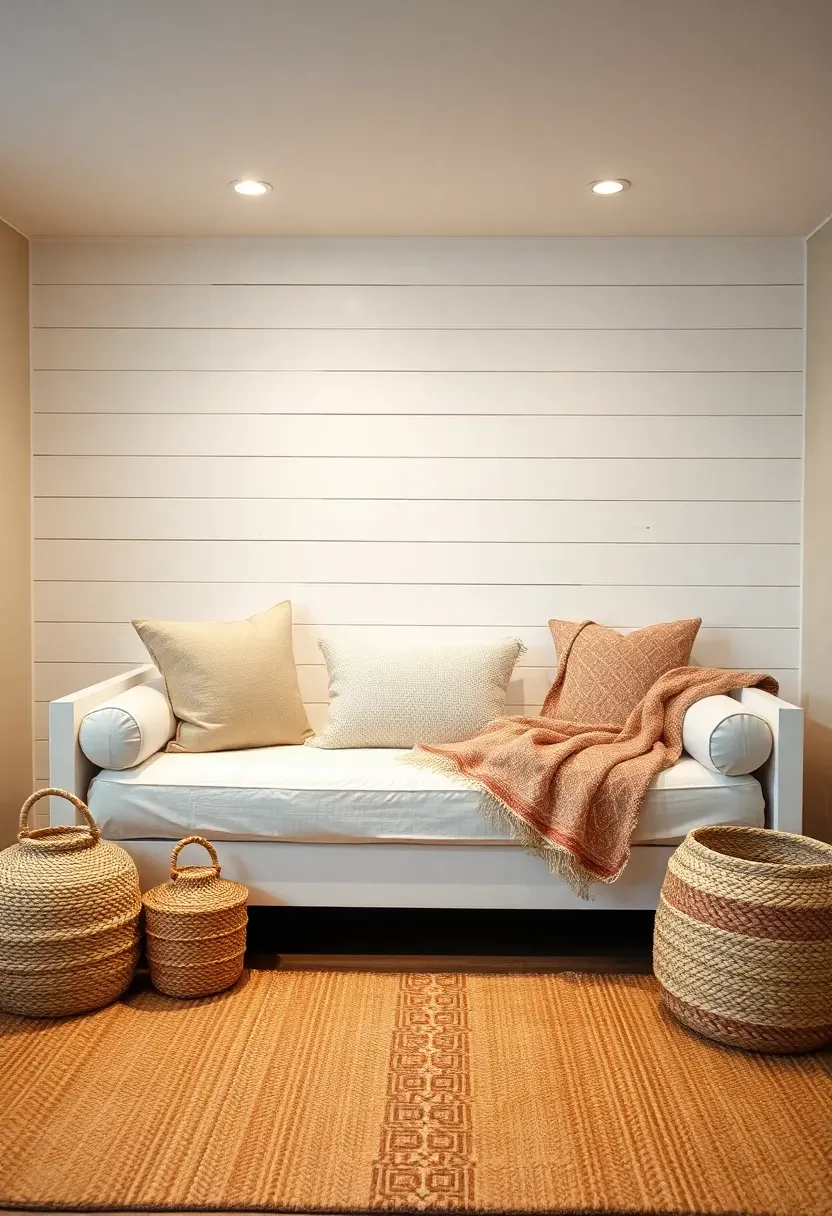 Horizontal white shiplap accent wall behind a daybed in a finished basement with a jute rug and woven baskets