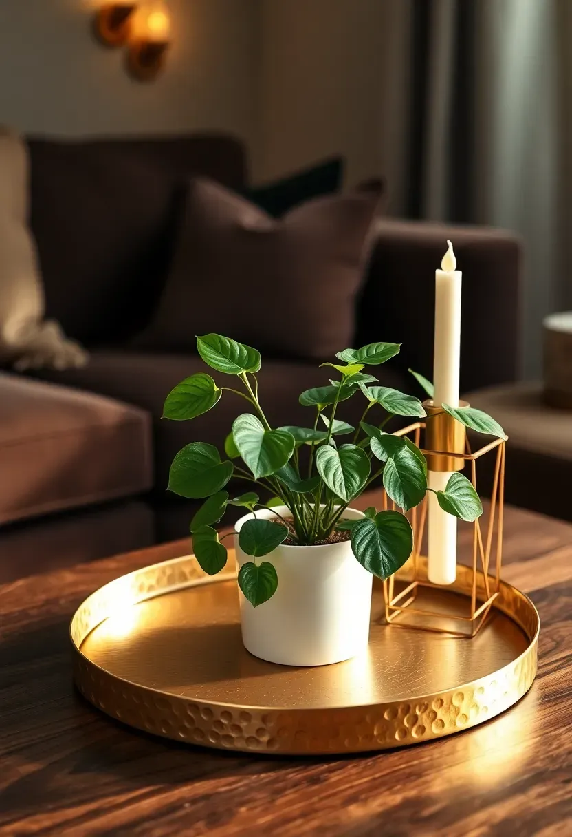 Hammered brass round tray on a living room side table with a small trailing pothos and a geometric brass candle holder