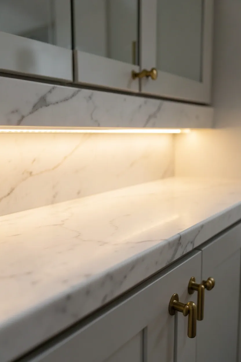 Bathroom vanity with warm LED under-cabinet lighting creating a soft ambient glow on marble countertop