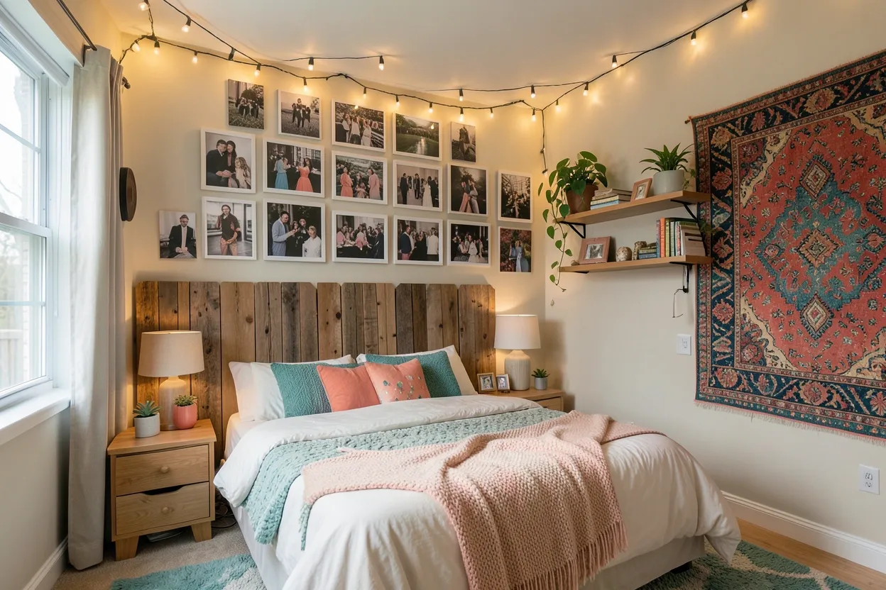 Cozy teen bedroom with DIY wall art, string lights, and personal decor on a budget