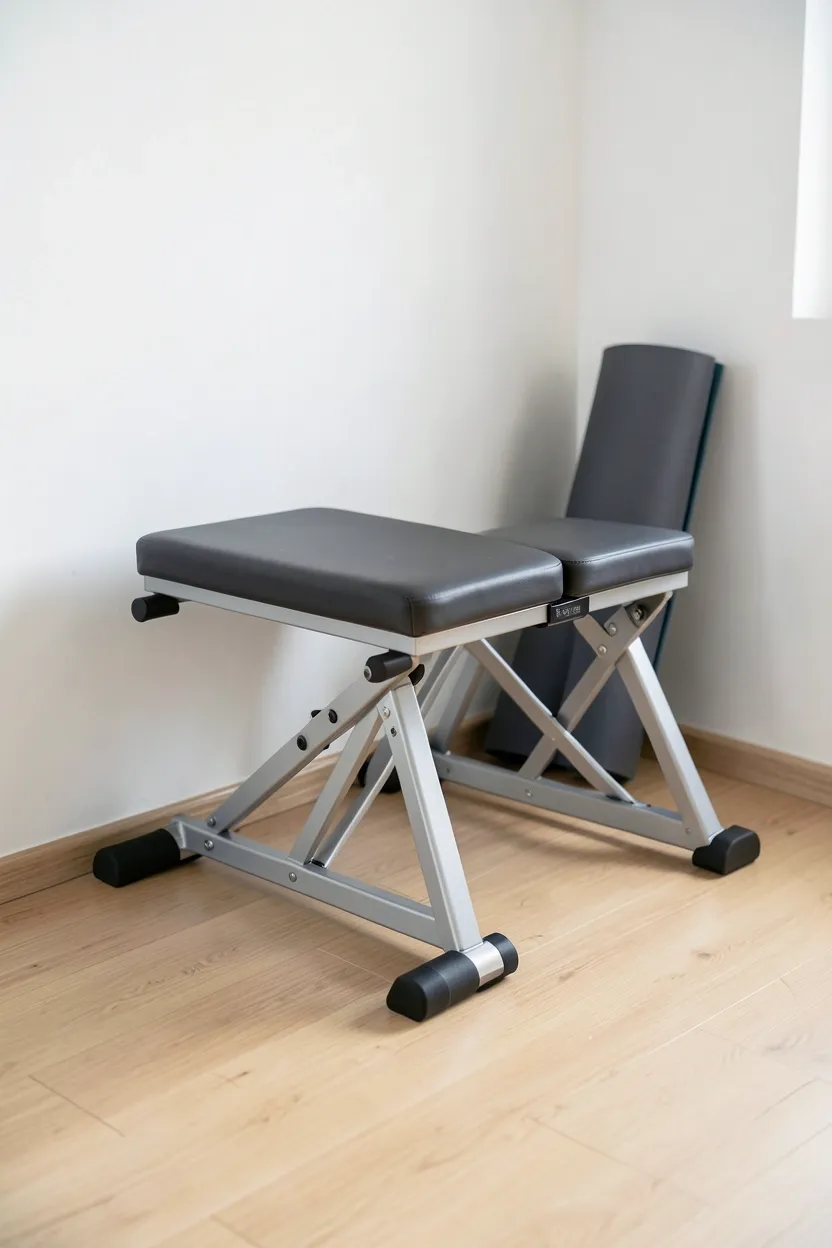 Foldable workout bench with built-in storage compartments underneath — dual-purpose mini gym furniture for small apartments