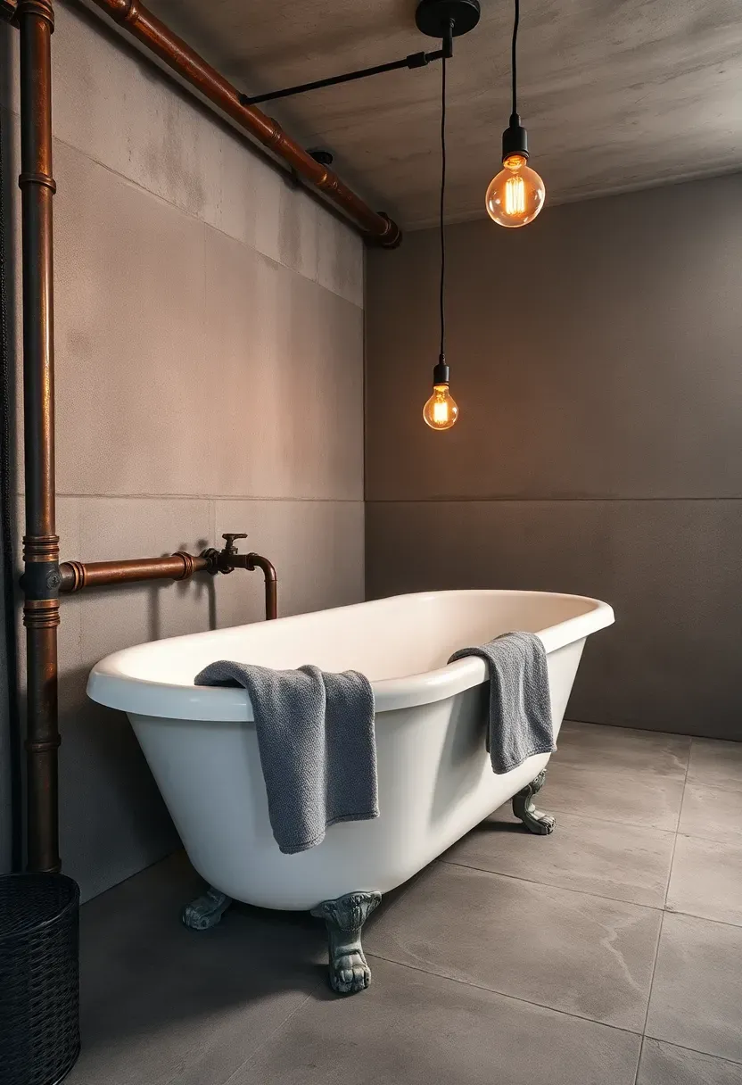 Industrial-style hotel bathroom with exposed copper pipes, concrete walls, and a vintage clawfoot tub