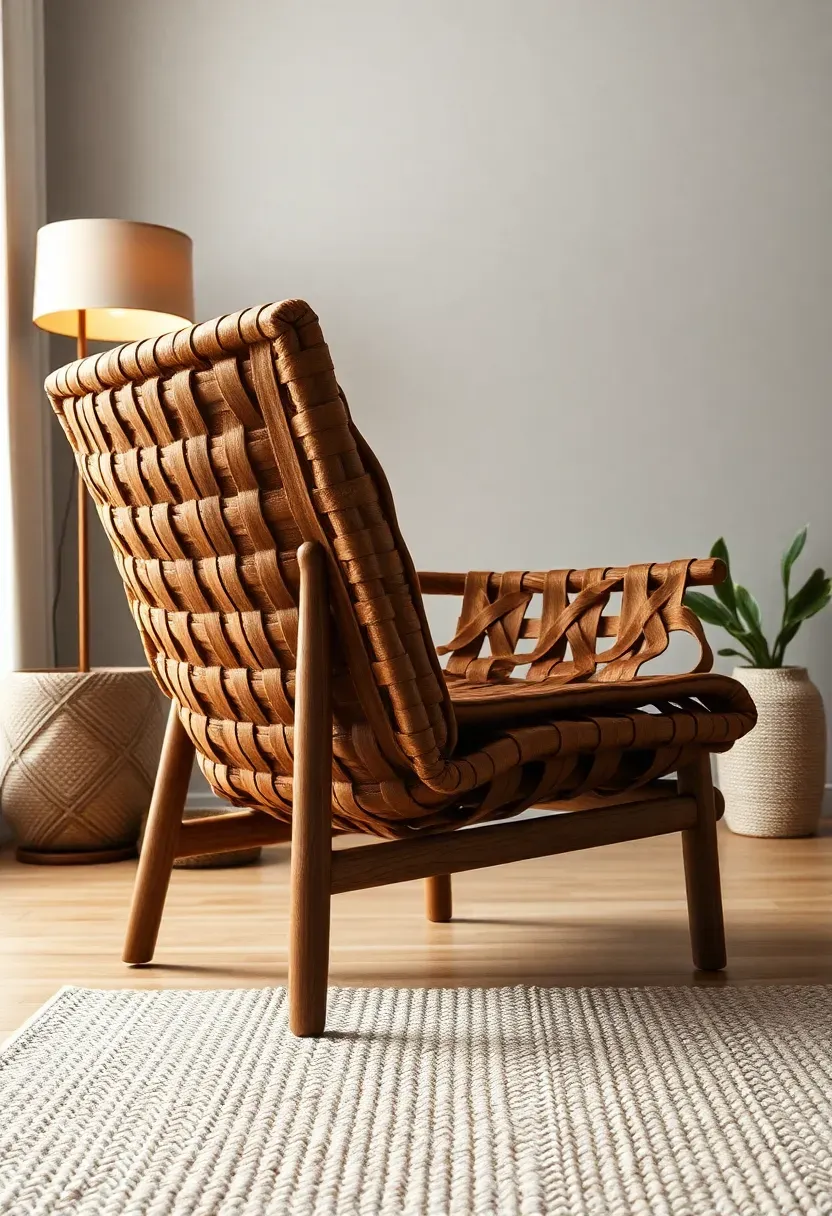 Hyper-realistic 3/4 view of an earthy modern living room featuring a woven leather armchair with visible leather strap weaving construction over a wood frame.