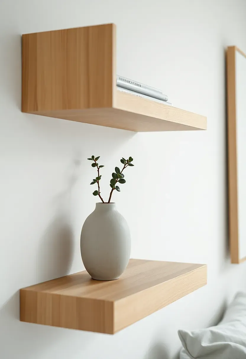 Hyper-realistic 3/4 view of floating white oak shelves with ceramic vase and potted succulent. Materials: white oak wood, matte ceramic vase, succulent plant, white wall. Soft ambient light, neutral palette, minimalist styling mood. Sharp focus on shelf joinery and ceramic texture, visible bedroom context. No text, no logos, no watermarks.</p>
