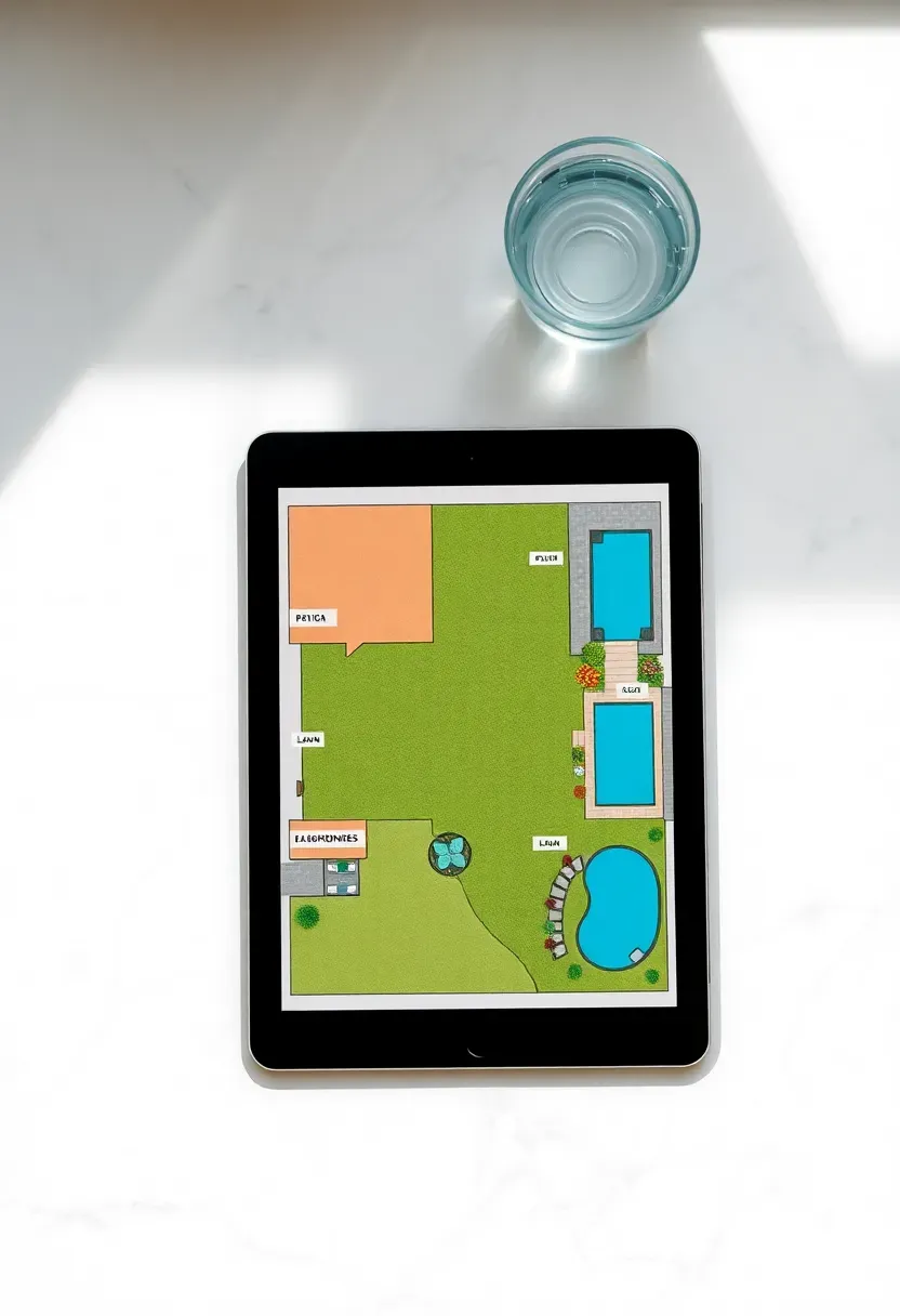SmartDraw landscape template showing a bird's-eye view backyard plan with labeled patio, garden beds, walkways, and lawn areas