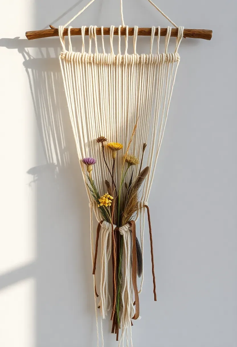 nature weaving on a Y-shaped stick loom with grasses flowers and yarn