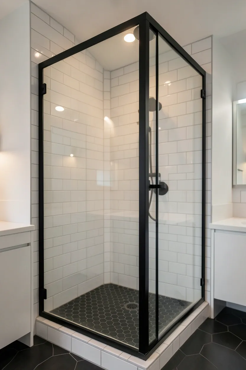 Black framed rectangular mirror above a white vanity creating a bold reflective focal point