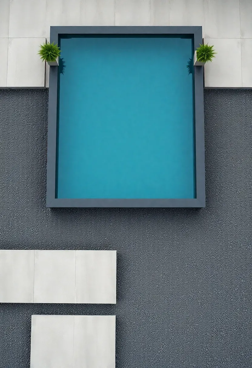 Hyper-realistic overhead view of above-ground pool with minimalist crushed gravel surround and large rectangular stepping stones providing access path. Materials: dark gray crushed gravel 3-4 inches deep, large rectangular concrete stepping stones with smooth honed finish in light gray, dark pool framework, sparse minimalist plantings in architectural containers. Bright overcast daylight providing even illumination that reveals gravel texture and stone placement without harsh shadows. Zen minimalist aesthetic mood showing pool as serene focal point. Pool water in calm blue. Visible geometric stepping stone arrangement creating intentional access path. No grass, no elaborate landscaping. Clean composition emphasizing negative space and material simplicity. No text, no logos, no watermarks.</p>