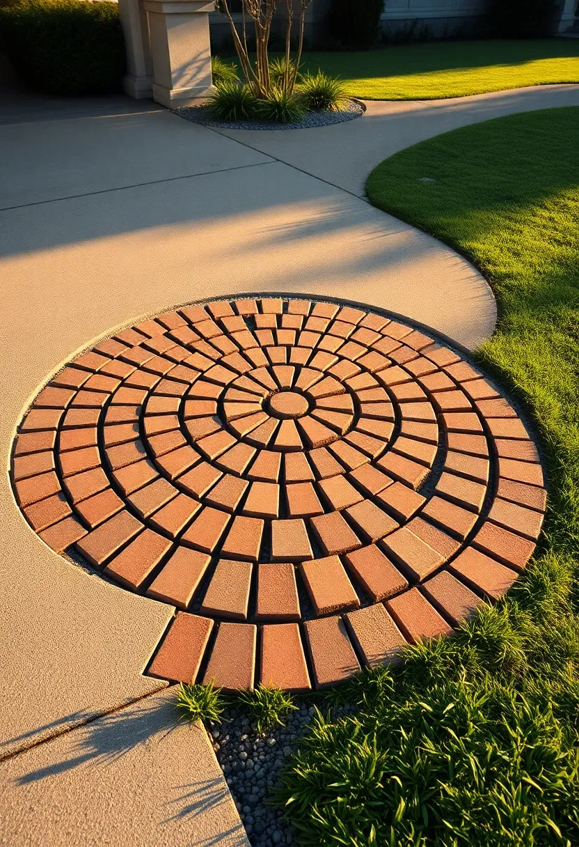 Fan pattern pavers forming a decorative driveway extension in a front-to-back yard transition area
