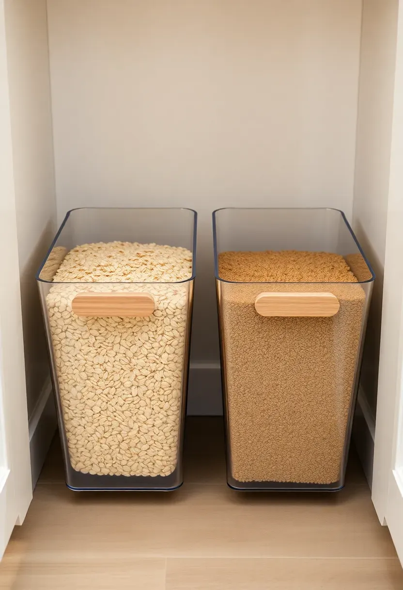 Two clear acrylic pull-out bins at base cabinet level, one containing rolled oats and the other brown rice, each slightly pulled forward to show contents, narrow oak handle strip at the front, white cabinet frame surrounding them