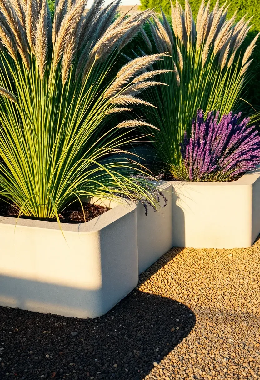 Backyard concrete planter walls in an L-shape formation filled with ornamental grasses and flowering shrubs with smooth troweled concrete finish