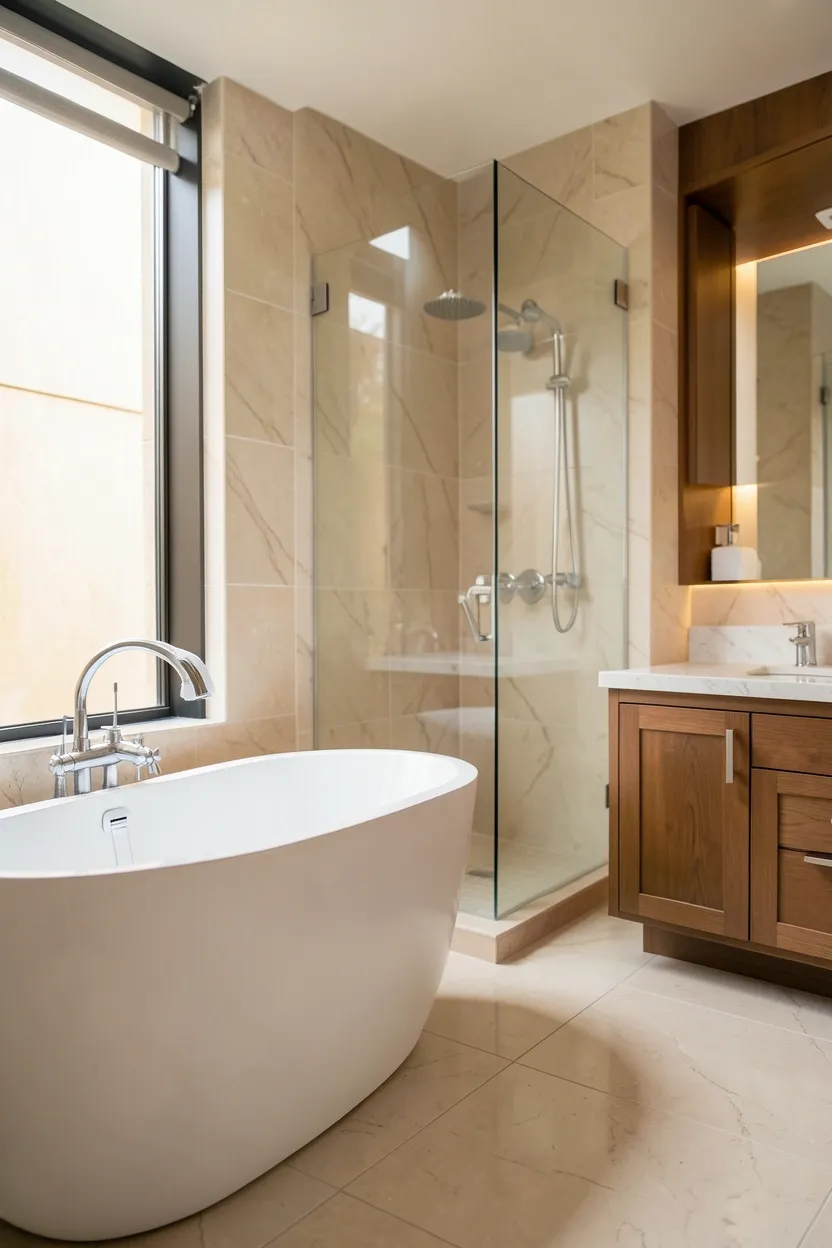 Bloxburg spa-inspired master bathroom with freestanding soaking tub, marble tiles, and double vanity