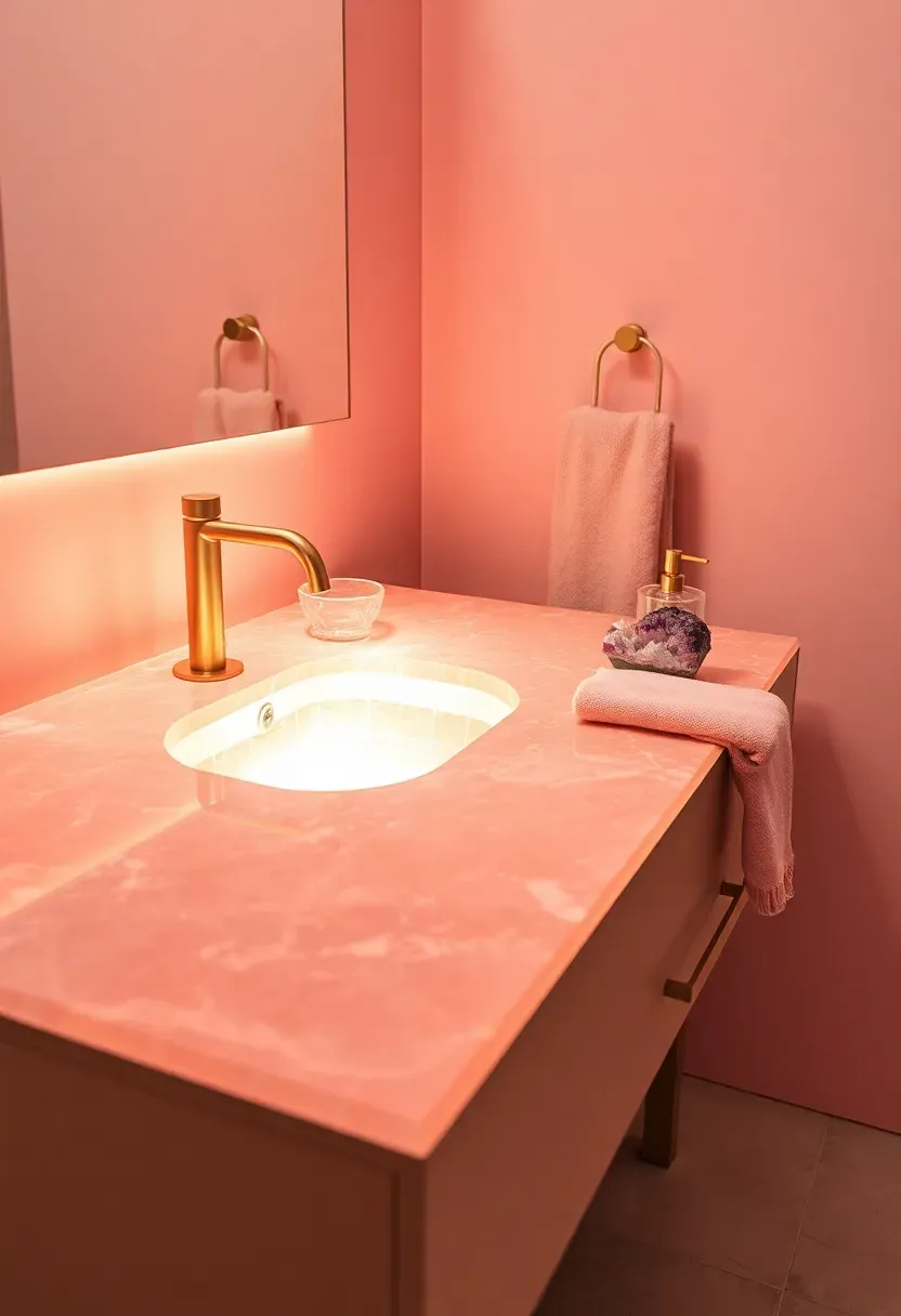 Ethereal pink and white bathroom with rose quartz countertop, crystal details, and soft ambient lighting