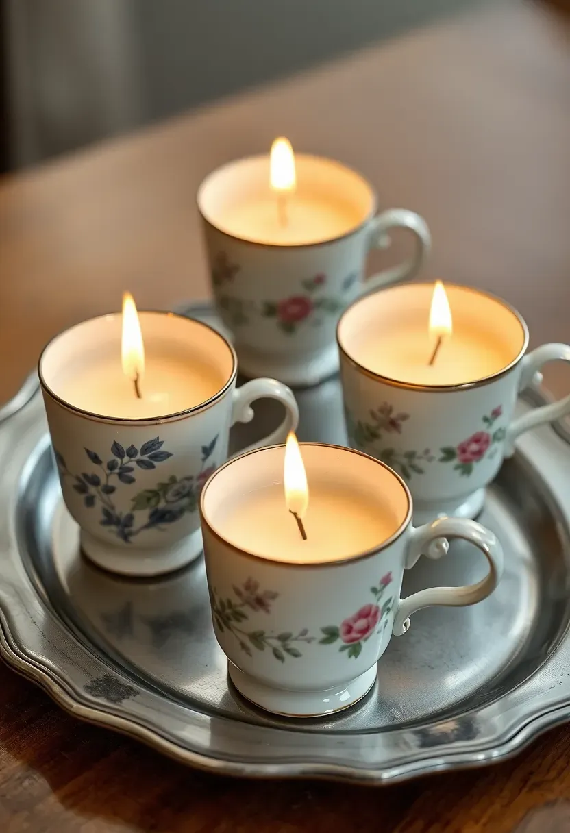 Vintage teacups with floral patterns repurposed as small candle holders filled with cream-colored soy wax on a silver tray