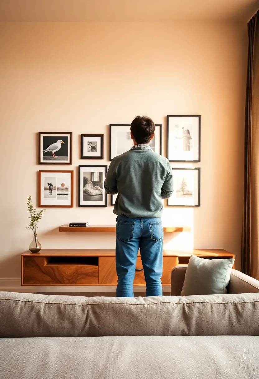 Person standing several meters back from a completed living room feature wall — arms crossed, reviewing the full arrangement, gallery wall and floating shelf visible in warm afternoon light