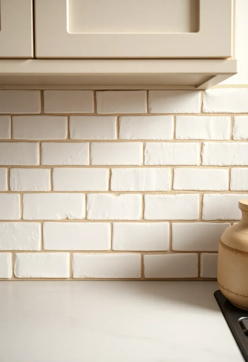 Handmade white subway tile backsplash with warm taupe aged-look grout lines in a classic running bond pattern behind a vintage apron sink in a cottage kitchen