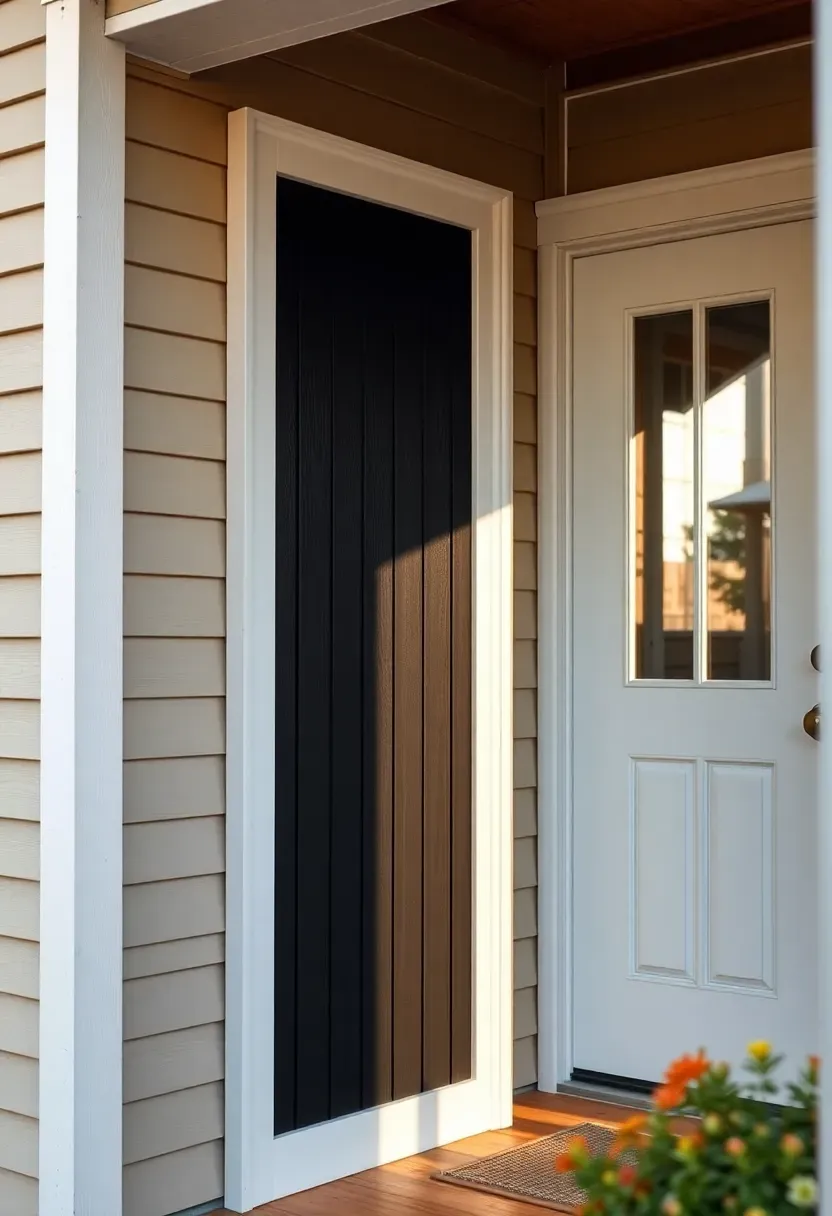 Ranch porch DIY board and batten accent panel with matte black painted cedar boards beside the front door