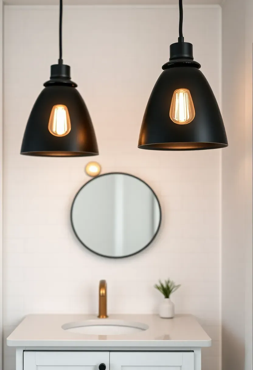 Two black metal pendant lights hanging over a bathroom vanity with a large round mirror in a rental apartment