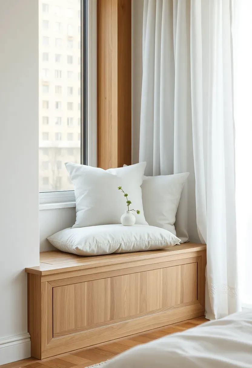 Built-in window seat with oak base and linen cushions