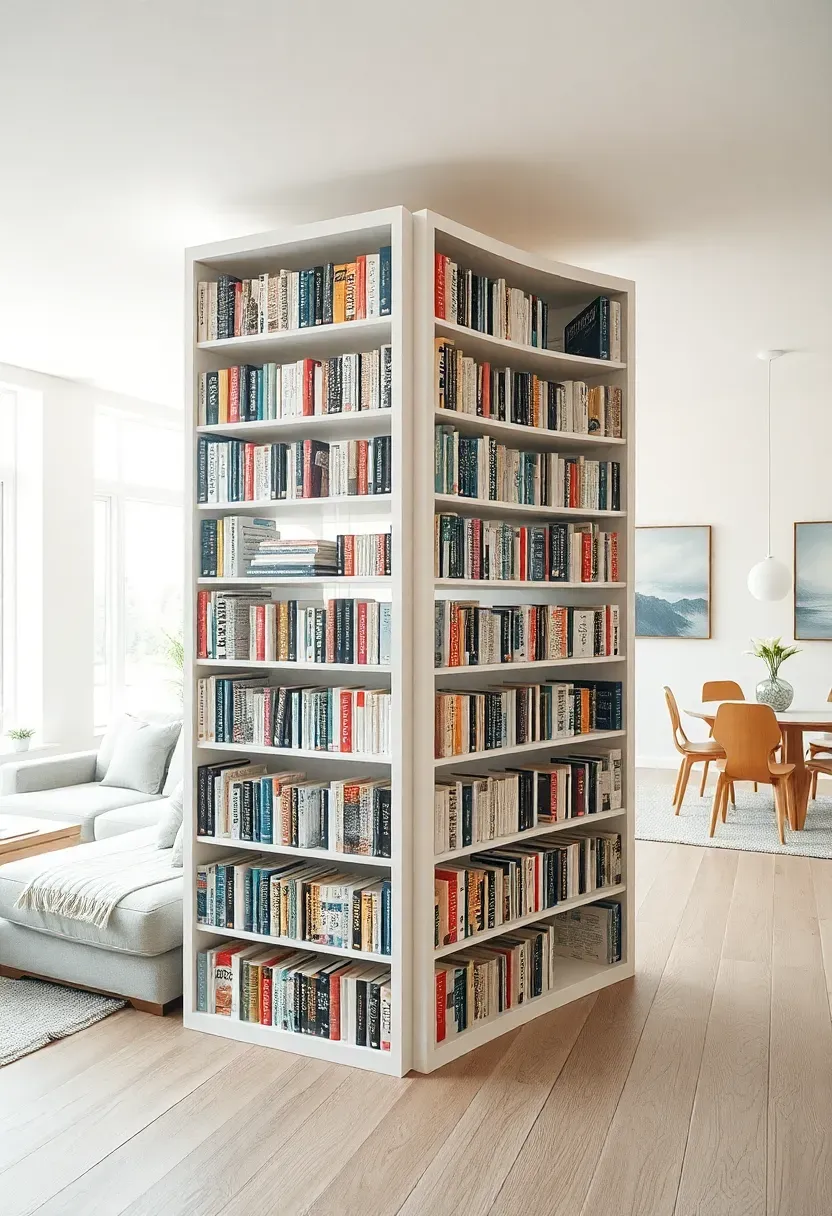 Hyper-realistic view of open bookcase used as room divider, books visible from both sides, living area on one side with sofa, dining area on other side, light streaming through. Materials: white open-back bookcase, mixed book spines, light wood floor. Natural daylight from large windows (diffused midday light), soft shadows. Clean composition, sharp details on books and furniture, airy open feel, both living spaces visible. No text, no logos, no watermarks.</p>