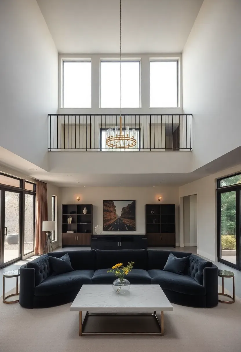 Hyper-realistic vertical view of double-height living room. Materials: 18-foot ceilings with second-floor mezzanine railing visible above, floor-to-ceiling windows, oversized charcoal velvet sofa, large brass chandelier hanging at 10 feet, white marble coffee table. Dramatic vertical proportions creating grand elegance. Clean uncluttered surfaces balancing voluminous space.</p>