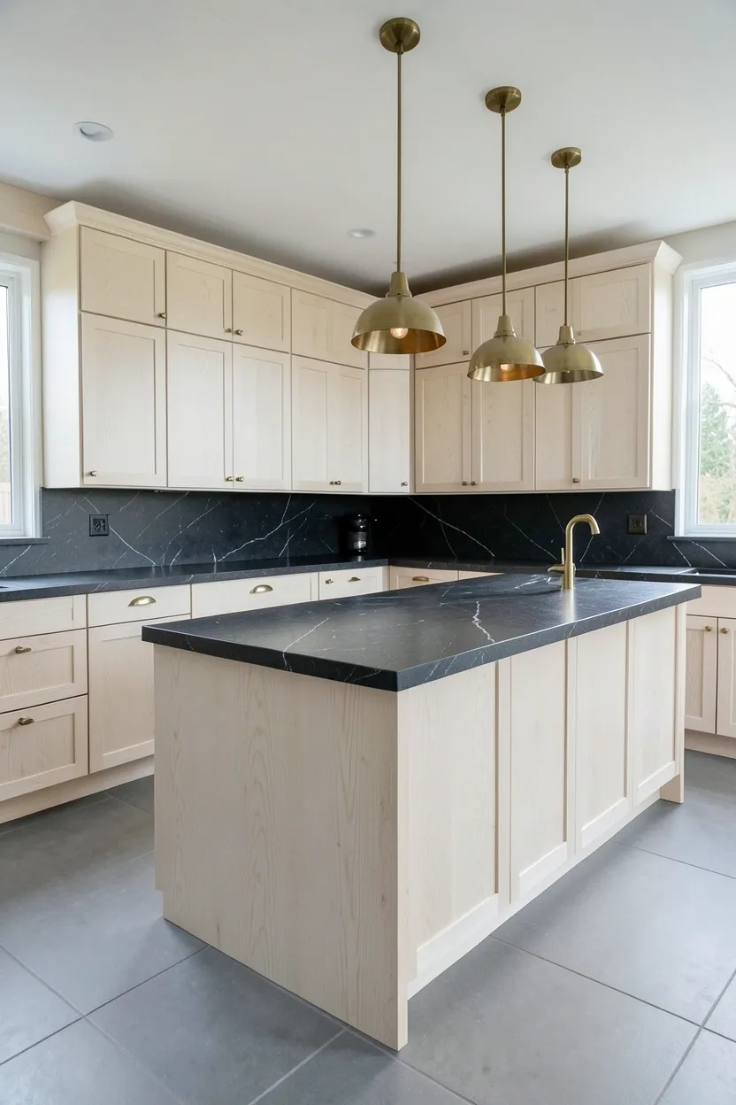 Hyper-realistic wide shot of a modern kitchen with white oak cabinets and dark stone countertops. White oak flat-panel cabinets throughout with visible natural grain. Large island in same white oak with waterfall edge. Charcoal honed soapstone countertop with subtle white veining provides dramatic contrast. Brass hardware on all cabinets. Three brass pendant lights over island reflect light from dark stone. Neutral gray tile floor. Large windows with natural light. Clean organized surfaces. No text, no logos, no watermarks.</p>