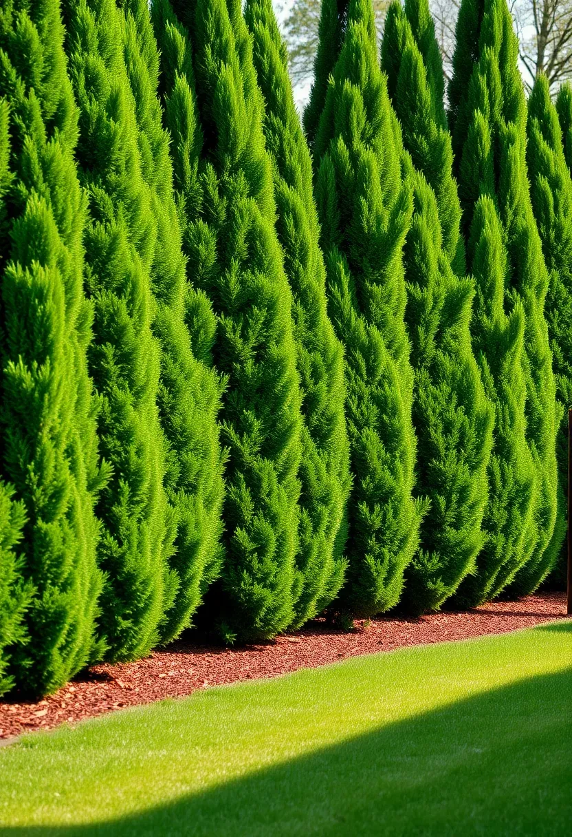 A row of tall emerald green arborvitae trees forming a dense living privacy wall along a backyard property line